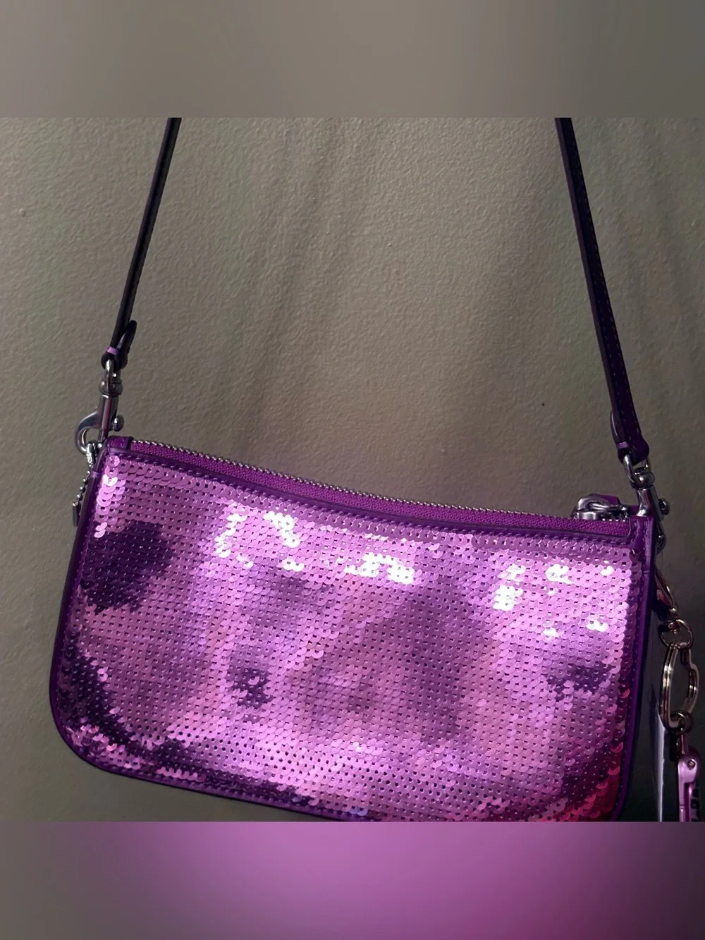 Coach Purple Sequin Shoulder Bag with Heart cell phone Charm Key Fob